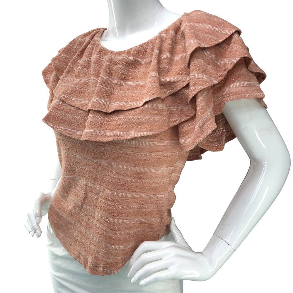 Free People Womens Size M Heirloom Top Dusty Pink Ruffle Patterned Jacquard Knit